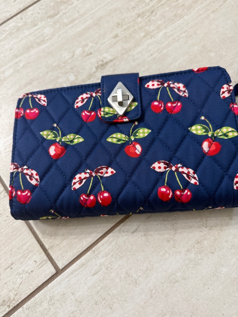 Vera Bradley Navy Quilted Turnlock Wallet with Red Cherry Print..nwt